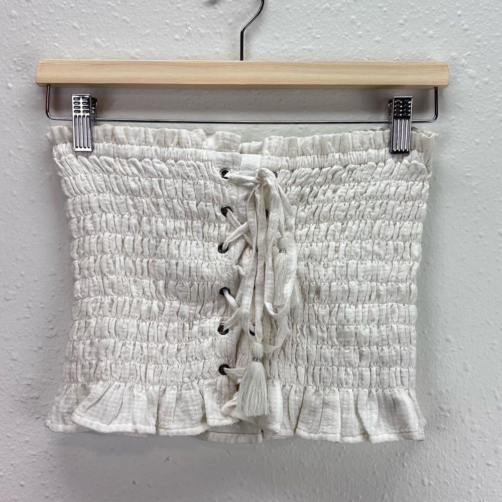 American Eagle cream strapless crop top lace up corset smocked tube top